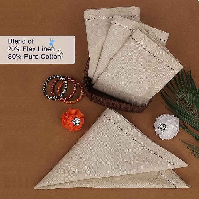 Ruvanti Premium Linen Napkins Set of 6-20x20 Inch, Classic Hemstitch, Mitered Corner Cloth Napkins ‎- Soft, Elegant Dinner Napkins Cloth Washable for Weddings, Parties, Everyday Use - Natural