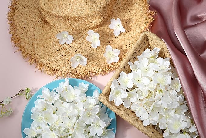 100pcs White Cherry Blossom Flowers Artificial Mini Cherry Blossom Heads Silk for Crafts DIY Wedding Party Decor(1.6 Inch)