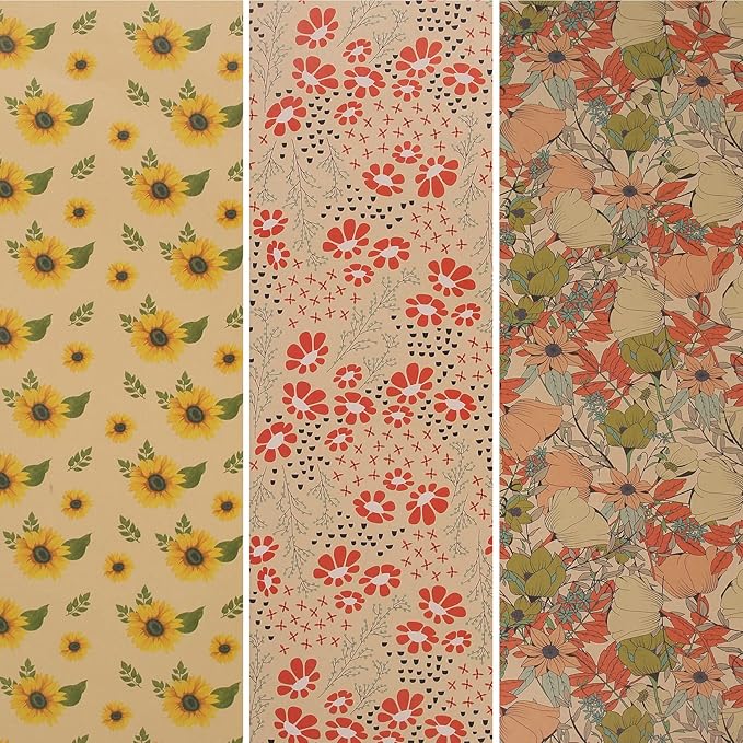 Aimyoo Kraft Floral Wrapping Paper Bundle, Vintage Spring Flowers Rose Gift Wrap Paper for Wedding Bridal Shower Birthday, 3 Rolls 17 in x 10 ft per Roll
