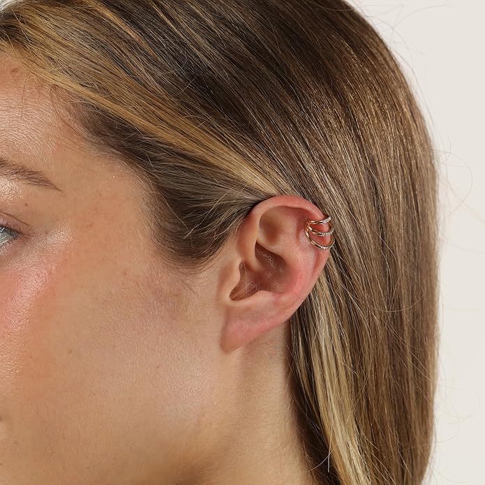 Lavari Jewelers 1/6 Carat Lab Grown Diamond Triple Ear Cuff for Women - 18k Yellow Gold Plated 925 Sterling Silver Diamond Ear Wrap for Her - Hypoallergenic Jewelry - Elegant Simplicity
