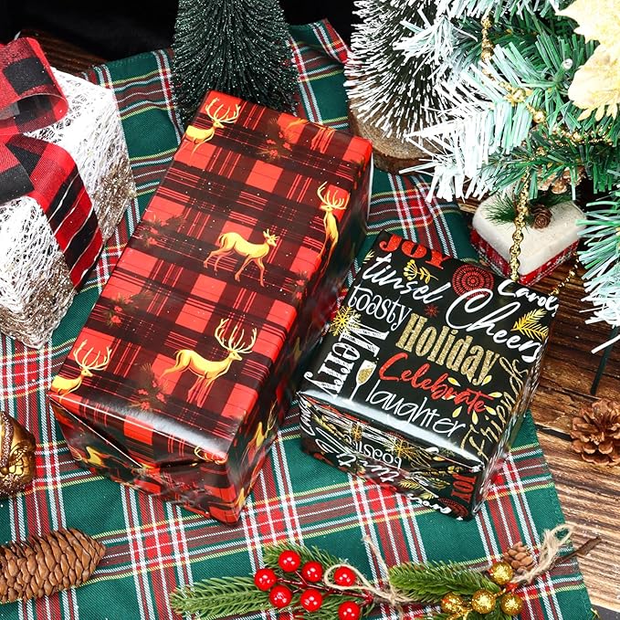 Vnaaem Vintage Christmas Wrapping Paper Red Black Gift Wrap Christmas Text Bufflao Plaid and Reindeer Design for Holiday Party Celebration - 20 X 28Inches Per Sheet(8 Pack)