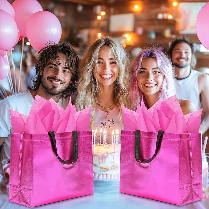 KeerxunBag 12Pcs Reusable Gift Bags（Includes Tissue Paper） Gift bag with handle Birthdays Parties Holidays Weddings Medium 13x5x11in Magenta gift Bags