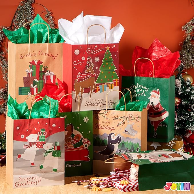 JOYIN 24 Pcs Christmas Kraft Gift Bags with Twine Handles, 10'' X 13'' X 5'' Large Xmas Goodie Goody Treat Bags for Holiday Present Wrapping, Christmas Decorations, Party Supplies Decor