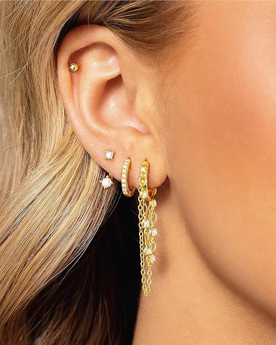 Tassel Chain Small Gold Hoop Dangle Earring For Women Huggie Earring Heart Star CZ 14K Gold Plated Fashion Jewelry Friendship Gift