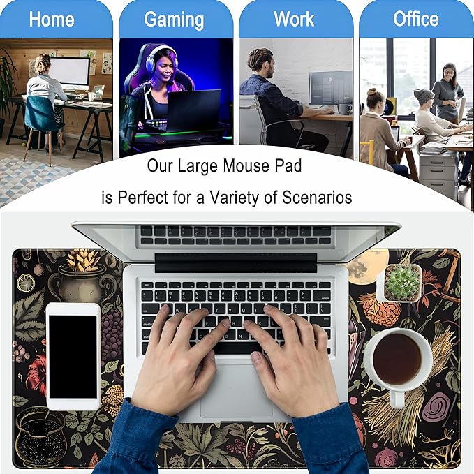 Desk Mat Botanical Witchery Mouse Pad Gaming Mat Dark Keyboard Mat, Long Mouse Mat XXL Extended Desktop Pad Computer Mats with Stitched Edges, Office Desk Accessory Home Decor 31.5" x 15.7"