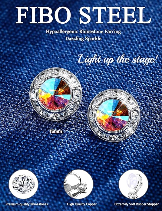 FIBO STEEL Clip on Halo Earrings Rhinestone Earrings Crystal Earrings for Women Round Acrylic Stone Inside Dance Competitions Stage Opera Performance Wedding Party Jewelry