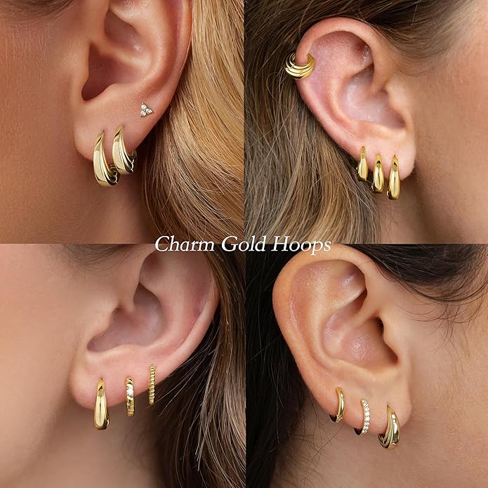 Small Gold Huggie Hoop Earrings Set for Women Men Hypoallergenic 14K Plated Stack Cartilage Earrings, Multiple Piercing Lightweight Mini Thin Cute Dainty Trendy Jewelry Set Christmas Gifts for Women