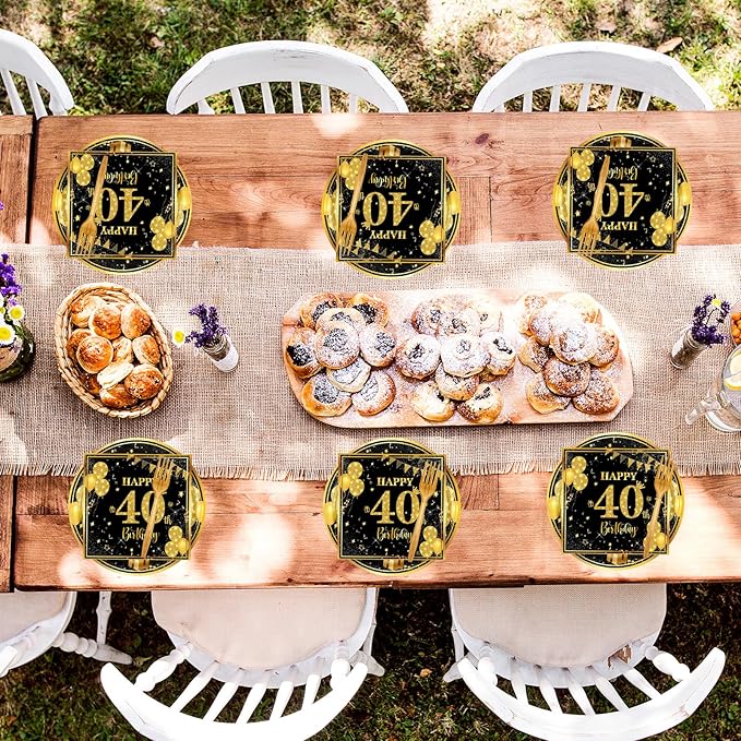 40th 7 inch Birthday Party Paper Plates and Napkins Forks 60 pcs Black Gold Decorations for Boys Girls Tableware Set for Birthday Anniversary Party Supplies,Serve 20