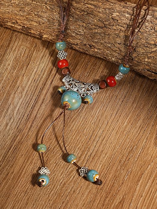 MINACHI Vintage Bohemian Ethnic Colorful Ceramic Bead Long Y Necklace, Hippie Boho Summer Fashion Jewelry Gift for Women