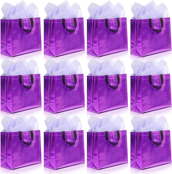 KeerxunBag 12Pcs Reusable Gift Bags（Includes Tissue Paper） Gift bag with handle Birthdays Parties Holidays Weddings Medium 13x5x11in Purple Gift Bags