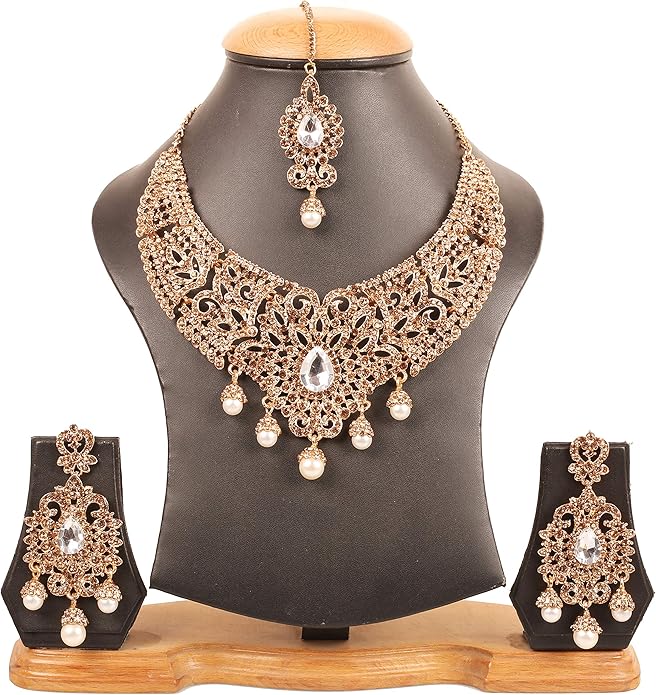 Touchstone Indian jewelry sets for women tikka wedding necklace costume guest statement bollywood rhinestones crystal faux pearls gold big royal neck piece set bridal fashion accessories