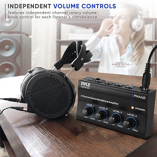 Pyle 4-Channel Portable Stereo Headphone Amplifier - Professional Multi Channel Mini Earphone Splitter Amp w/ 4 ¼” Balanced TRS Headphones Output Jack and 1/4" TRS Audio Input For Sound Mixer