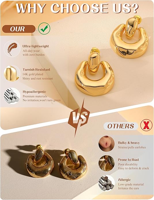 14K Gold Plated Knot Statement Earrings for Women Hypoallergenic Chunky Drop Dangle Earrings - Lightweight Fashion Accessories Gold Jewelry Gifts for Womens Trendy