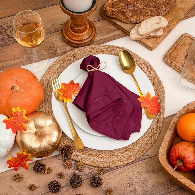 Blue Needles Set of 12 Hemstitch Linen Napkins 100% Cotton Burgundy Cloth Dinner Napkins 18x18 inches, Soft, Reusable, Absorbent, Washable, Ideal for Fall Thanksgiving Events, Parties & Everyday Use