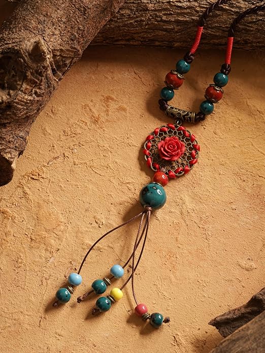 MINACHI Vintage Bohemian Colorful Ceramic Bead Antique Flower Y Necklace, Vintage Boho Hippie Statement Jewelry Gift for Women