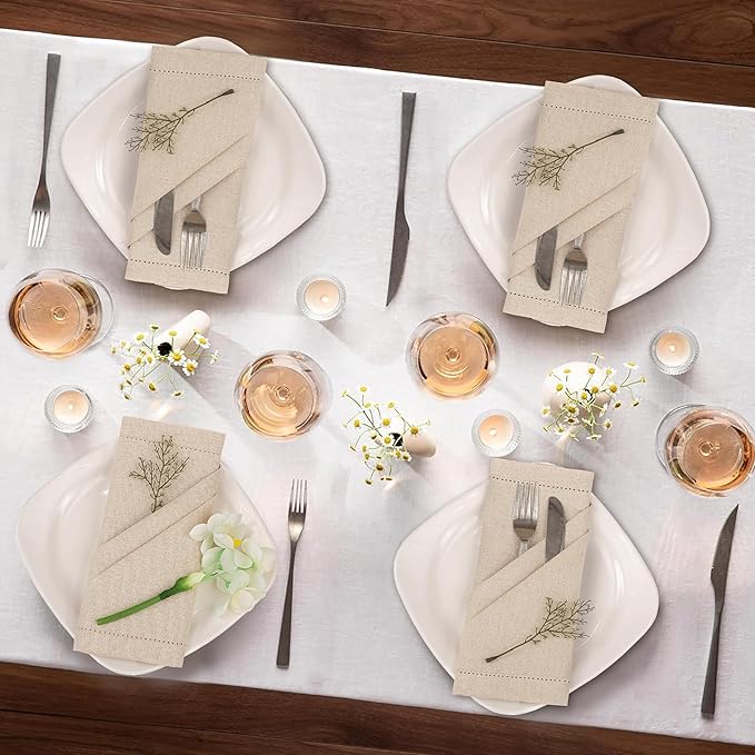 Ruvanti Premium Linen Napkins Set of 12-20x20 Inch, Classic Hemstitch, Mitered Corner Cloth Napkins‎‎ - Soft, Elegant Dinner Napkins Cloth Washable for Weddings, Parties, Everyday Use - Natural