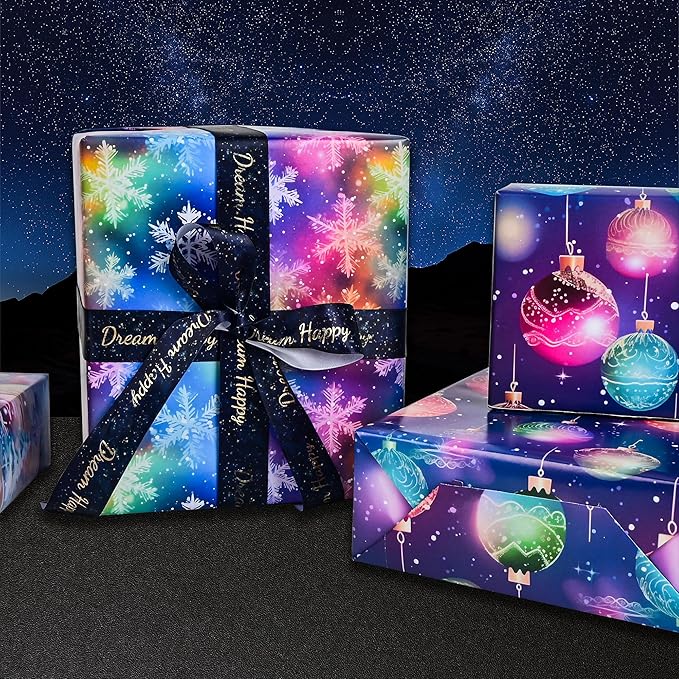 Vnaaem Christmas Wrapping Paper for Boys Girls Kids - Colorful Rainbow Xmas Gift Wrap with Snowman Tree Ball Snowflakes Design for Holiday Winter Paty - 20 x 28Inches Per Sheet(8 Pack)