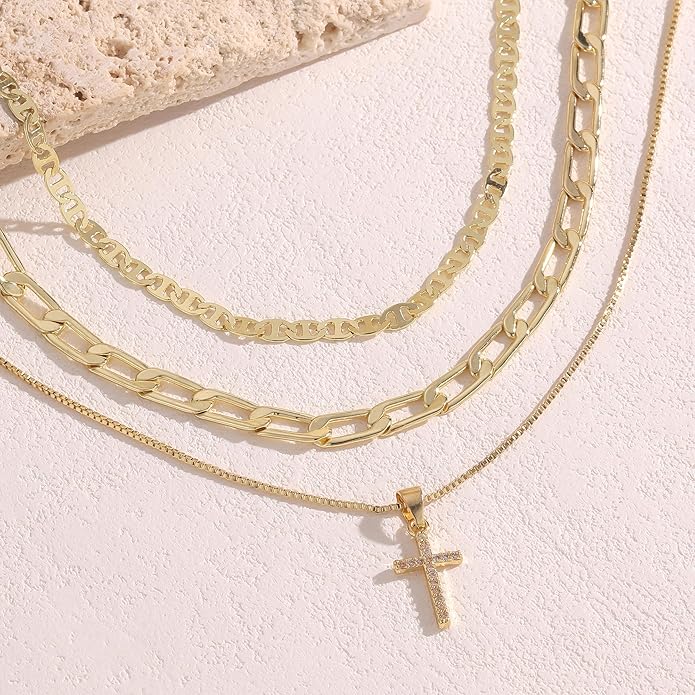 Evabelle Gold Layered Necklace for Women Trendy Jewelry 14K Real Gold Plated Chunky Chain Stackable Necklaces Dainty Choker Necklaces Rectangle Square Pendant