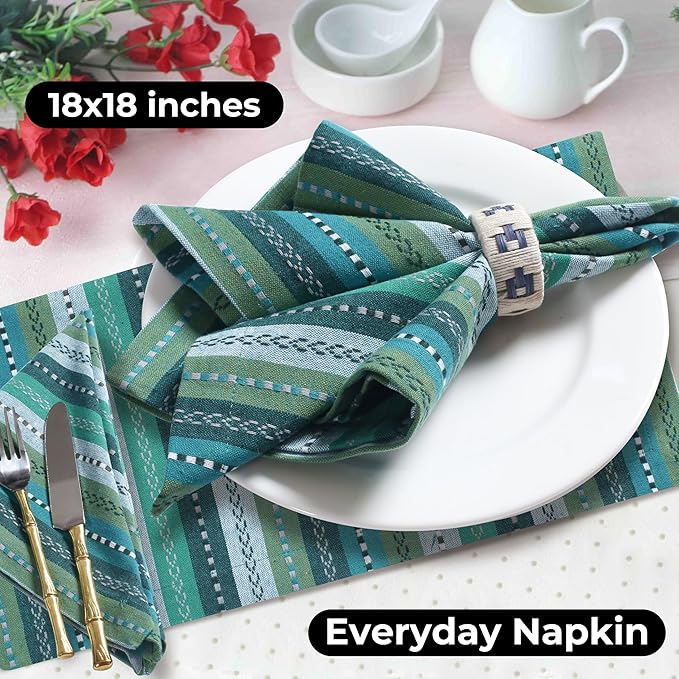 Homidate Cotton Cloth Dinner Napkins Set of 12 – 18x18 Green Multi Salsa Stripe – Durable Machine Washable Fabric Napkins for Weddings, Restaurants, Kitchen & Everyday Dining