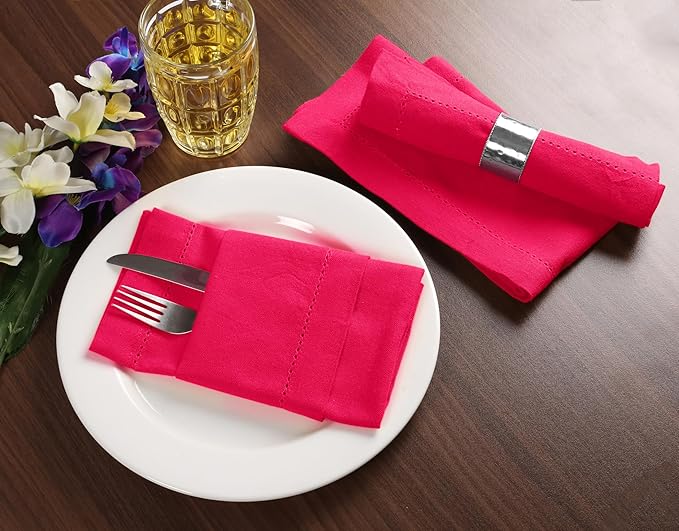 Palisa Cloth Dinner Napkins with Hemstitched Detailing & Mitered Corners Set of 12 (18x18 Inches) Hot Pink - Cotton Reusable Napkins for Easter Basket Decor, Table Linen for Weddings & Everyday Use