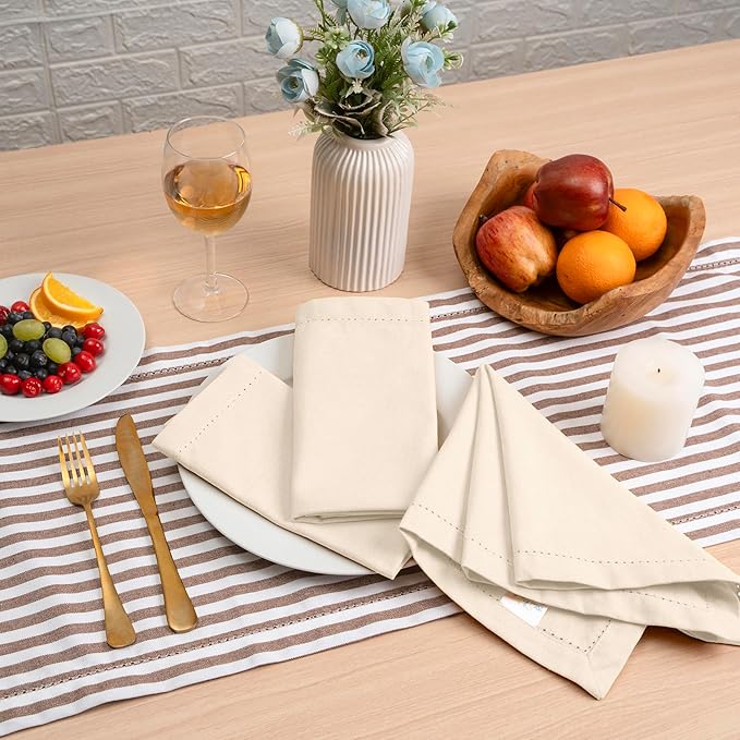 Blue Needles Set of 12 Hemstitch Linen Napkins 100% Cotton Cream Cloth Dinner Napkins 18x18 inches, Soft, Reusable, Absorbent, Washable, Ideal for Fall Thanksgiving Events, Parties & Everyday Use
