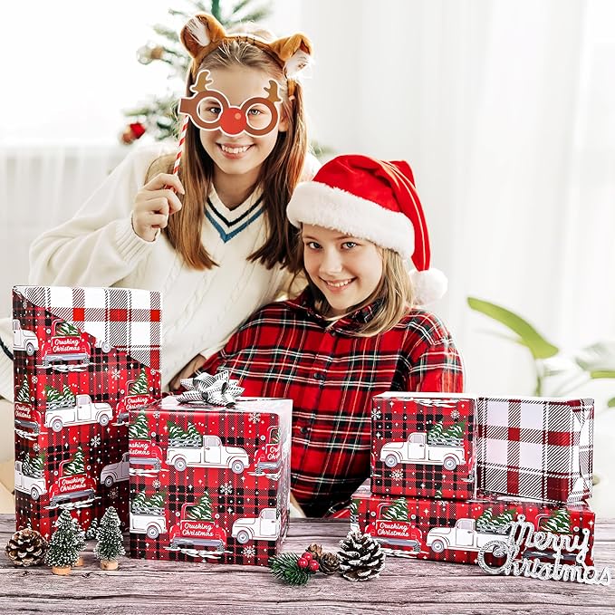 Vnaaem Funny Christmas Wrapping Paper Roll for Adult Men Women - Red Black Buffalo Plaid Xmas Truck Crushing Christmas Gift Wrap Sheets for Holiday, Baby Shower, Party Supplies(Total 28.5sq.ft)