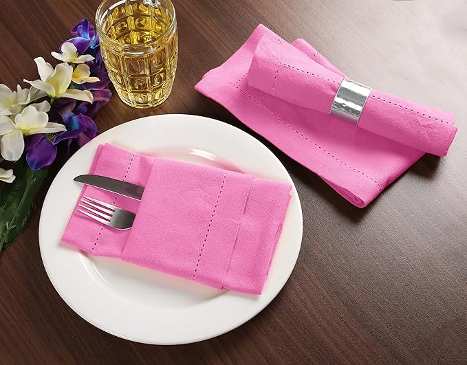Palisa Cloth Dinner Napkins with Hemstitched Detailing & Mitered Corners Set of 4 (18x18 Inches) Pink - Cotton Reusable Dinner Napkins for Valentines Day Gift, Table Linen for Weddings & Everyday Use