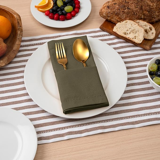 Blue Needles Set of 12 Hemstitch Linen Napkins 100% Cotton Olive Green Cloth Dinner Napkins 18x18 inches, Soft, Reusable, Absorbent, Washable Ideal for Fall Thanksgiving Events, Parties & Everyday Use