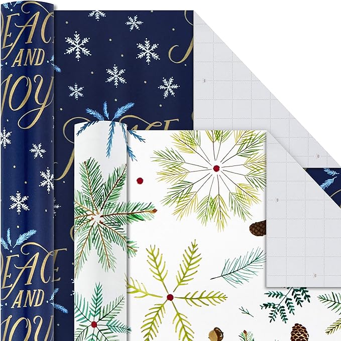 Hallmark Holiday Wrapping Paper Bundle with Cut Lines on Reverse, Elegant Woodland (Pack of 4, 120 sq. ft. TTL) Peace and Joy, Deer, Pinecones, Snowflakes, Blue, Gold