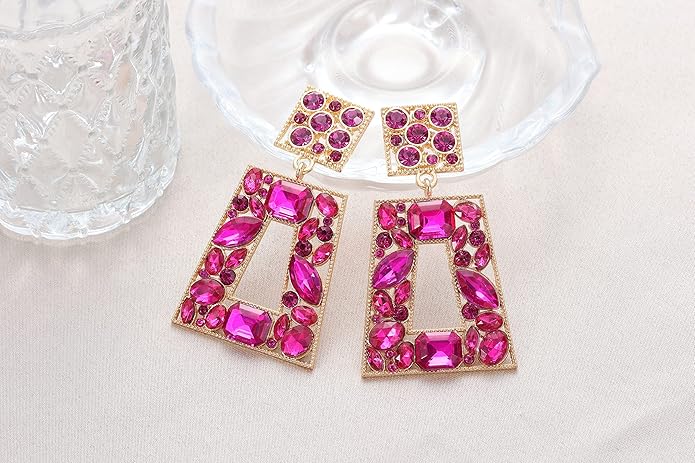 Rhinestone Rectangle Statement Earrings Colorful Crystal Geometric Drop Dangle Earrings for Women Prom Party