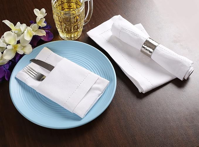 Cotton Cloth Dinner Napkins 18x18-Cotton Fabric with Hemstitched Detailing & Tailored with Mitered Corners-Ideal for Events and Regular Use-White Set of 12
