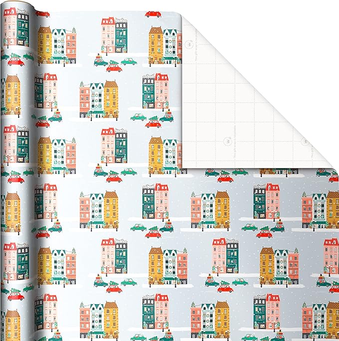 Hallmark Christmas Wrapping Paper with Cutlines on Reverse (3 Rolls: 120 Sq. Ft. Total) Winter City Scene, Rustic Snowflakes on Red, Nutcrackers with Foliage