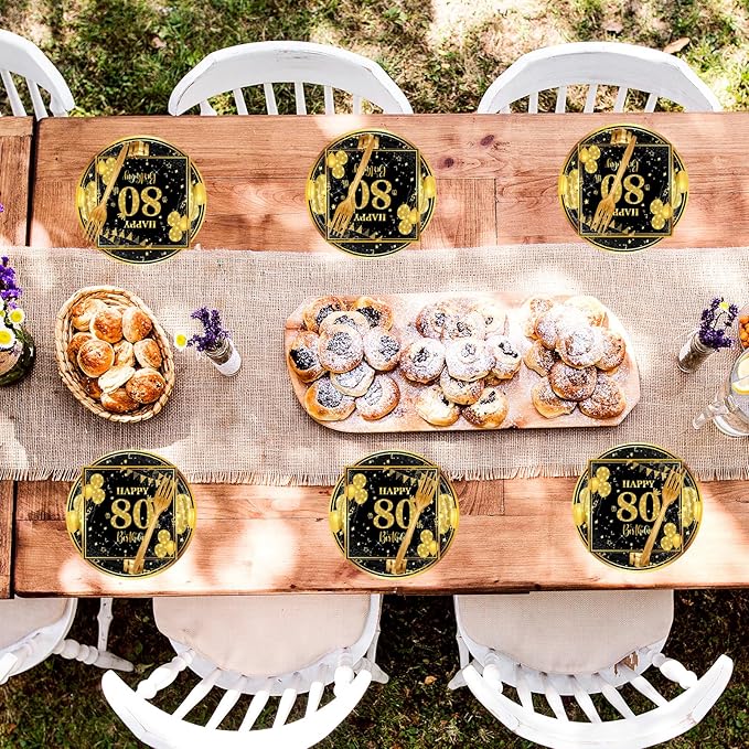 80th 7 inch Birthday Party Paper Plates and Napkins Forks 60 pcs Black Gold Birthday Decorations for Boys Girls Tableware Set for Anniversary Party Supplies,Serve 20
