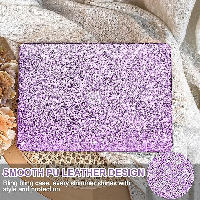 Compatible with MacBook Air 13 inch Case 2021 2020 2019 2018 A2337 M1 A2179 A1932 Touch ID, Glitter Smooth Leather Laptop Hard Shell+Keyboard Cover for MacBook Air 13.3 inch Case, Shining Purple