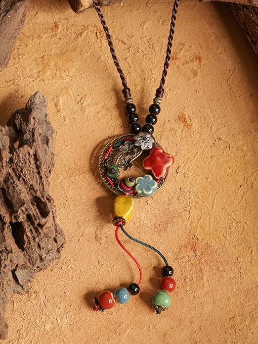 MINACHI Vintage Bohemian Colorful Ceramic Bead Antique Flower Y Necklace, Vintage Boho Hippie Statement Jewelry Gift for Women