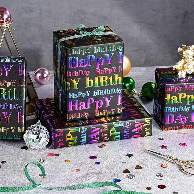 WRAPAHOLIC 3D Kraft Birthday Wrapping Paper Roll - Mini Roll - 17 Inch x 16.5 Feet - Black and Colorful Foil Happy Birthday Wrapping Paper with Embossed for Kids Boy Girls, Baby Shower