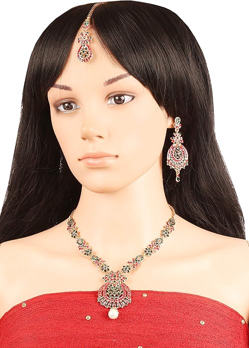 Touchstone Indian jewelry sets for women maang tikka wedding guest gold necklace bollywood jewellery set pageant elegant prom bride accessories western crystal chunky rhinestone necklaces