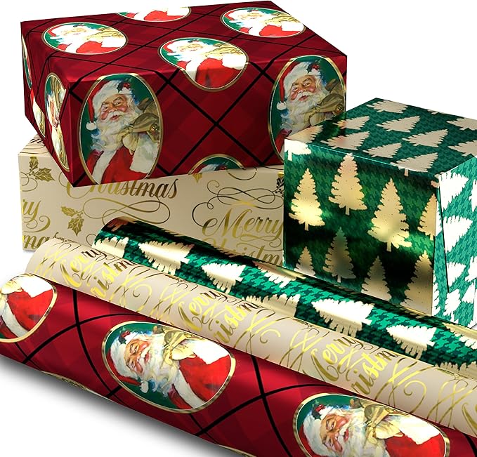 Hallmark Foil Christmas Wrapping Paper with Cut Lines on Reverse (3 Rolls: 60 sq. ft. ttl) Classic Santa Claus, Gold Merry Christmas, Green Plaid with Gold Trees