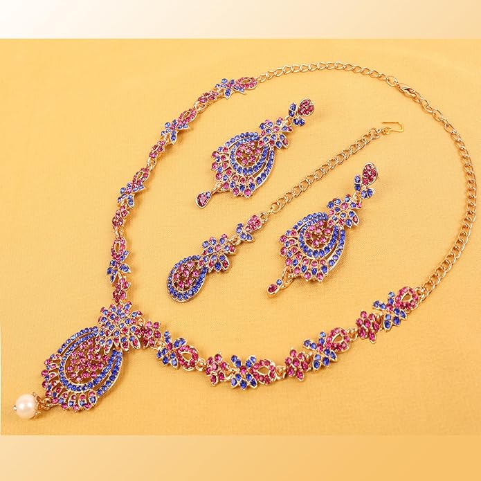 Touchstone Indian jewelry sets for women maang tikka wedding guest gold necklace bollywood jewellery set pageant elegant prom bride accessories western crystal chunky rhinestone necklaces
