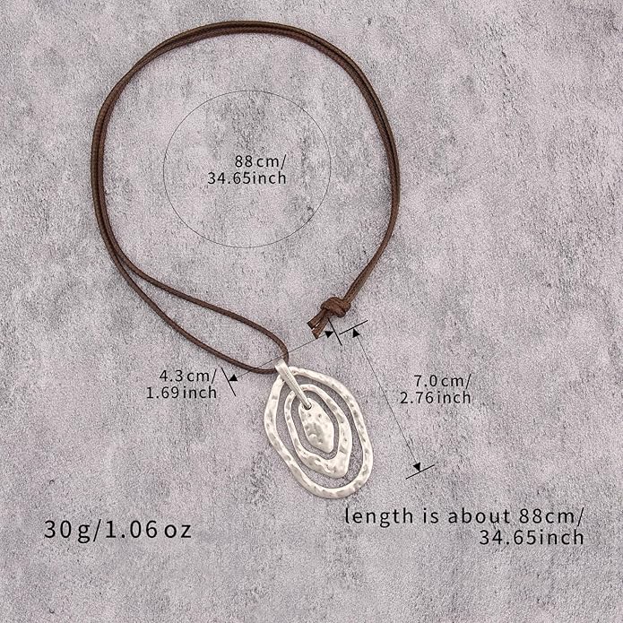 Boho Leather Necklace Women Bohemian Brown Circle Pendant Necklace Choker Long Necklaces for Women Boho Ring Large Pendant