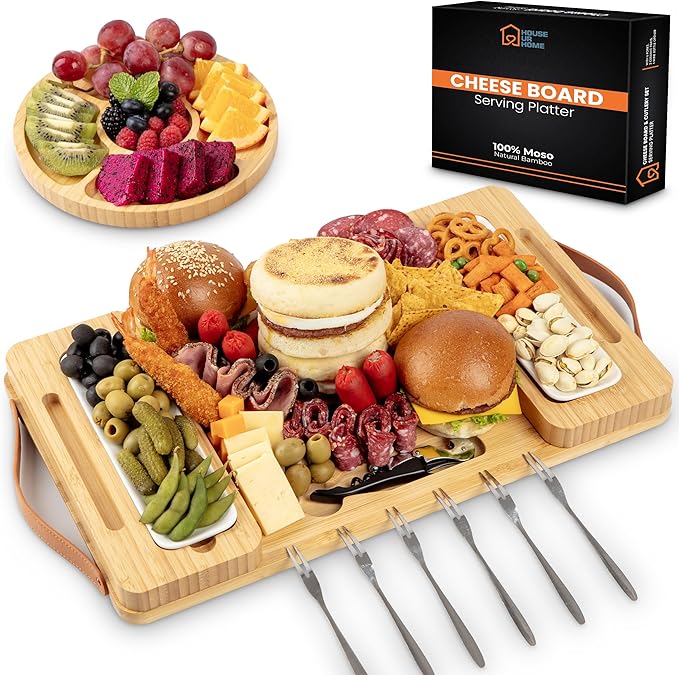 Bamboo Charcuterie Boards Gift Set with Magnetic Removable Side Trays, Fruit Tray, Handles, Cutlery-Ready Box & House Warming Gifts New Home