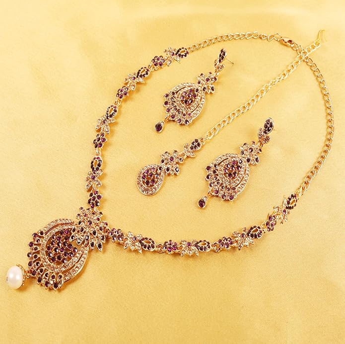 Touchstone Indian jewelry sets for women maang tikka wedding guest gold necklace bollywood jewellery set pageant elegant prom bride accessories western crystal chunky rhinestone necklaces