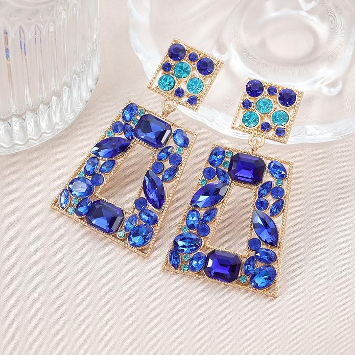 Rhinestone Rectangle Statement Earrings Colorful Crystal Geometric Drop Dangle Earrings for Women Prom Party