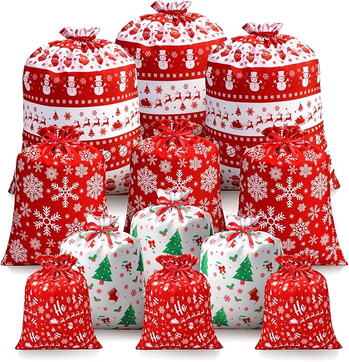 ARGCONNER 12 Pcs Christmas Gift Bags with Drawstring, Assorted Reusable Fabric Gift Bags in 4 Sizes and Designs for Xmas Holiday Party Favors, Treats, Stocking Stuffers