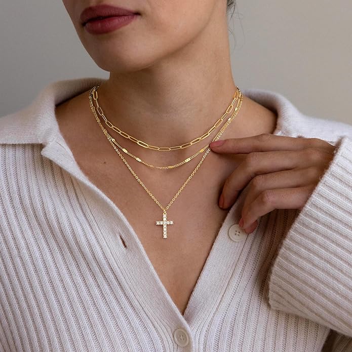 Layered Gold Necklaces for Women, Stackable Dainty 14K Gold Silver Plated Trendy Simple Heart Diamond Cross Bow Circle Pendant Paperclip Choker Dot Chain Necklace,Jewelry Set Gifts for Women