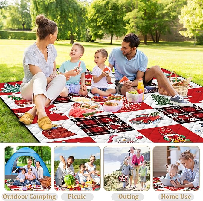 Poedist Extra Large Picnic Blanket Waterproof,80"x 80"Foldable Machine Washable Beach Blanket,Outdoor Blanket for 6-8 Adults,Suitable for Crawling,Park Beach,Camping,Hiking,Family,Merry Christmas