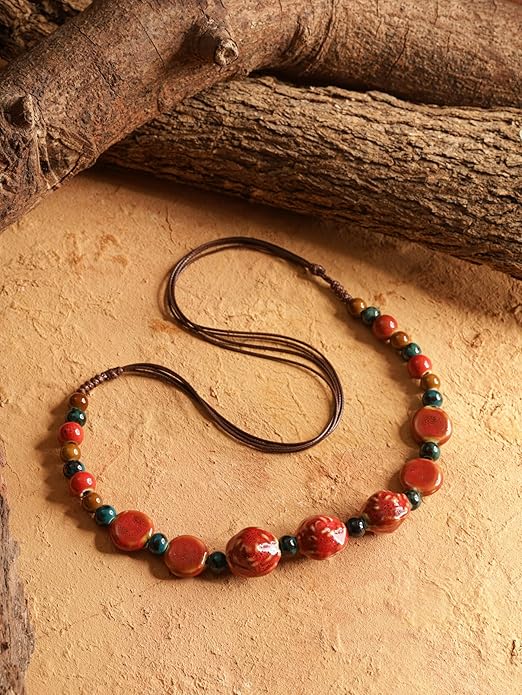 MINACHI Boho Hippie Round Ceramic Beads Strand Necklace, Vintage Bohemian Summer Beach Jewelry Gift for Women
