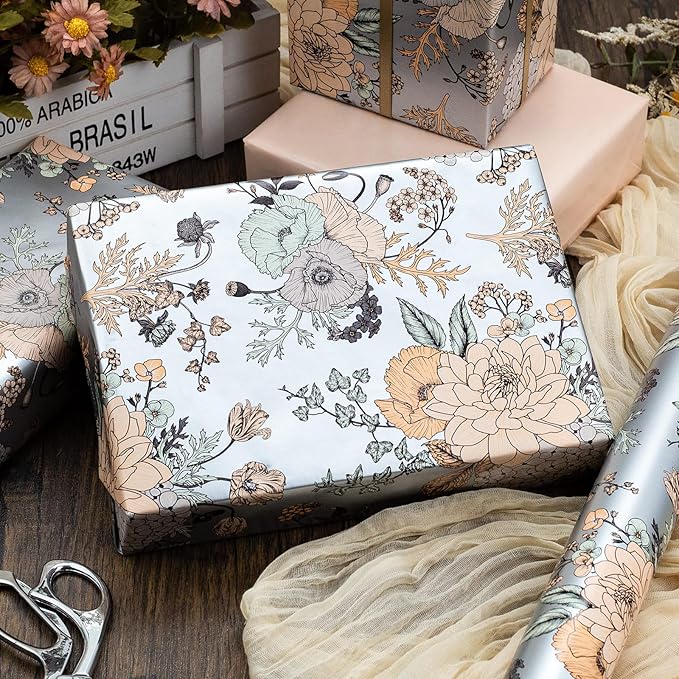 MAYPLUSS Floral Wrapping Paper Roll - 17Inch x 33Feet - Luxury Girly Vintage Flower Pattern Wedding Shower Gift Wrap Paper for Bridal Shower, Girl Birthday, Mother's Day, Engagement and Party