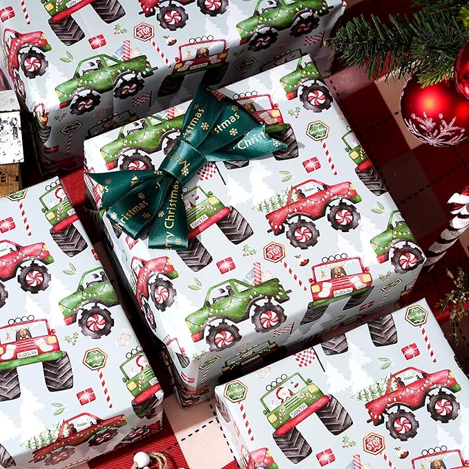PlandRichW Monster Truck Christmas Wrapping Paper - Colorful Monster Trucks with Xmas Trees & Holiday Patterns - 40×28 Inch Xmas Gift Wrap, 4 Folded Sheets for Kids & Adults