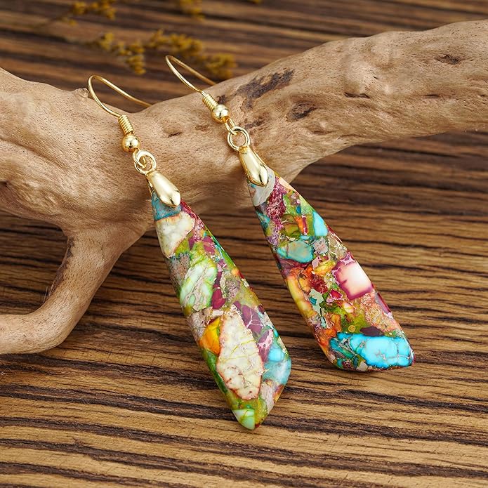 Boho Women Natural Stone Earrings Unique Healing Imperial Jasper Gemstone Energy Hypoallergenic Lightweight Dangle Drop Earrings Multiple Styles Earrings Jewelry for Birthday Party Gift